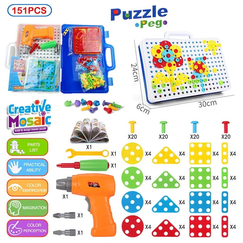 3D Mosaic Puzzle Building Bricks with Drilling Screw Toys for Children